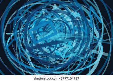 Abstract blue swirling light trails forming a dynamic circular vortex pattern on dark background