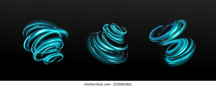 Resumen de los remolinos azules png aislados en transparente. Ilustración vectorial realista del efecto mágico brillante, viento tornado espiral, vórtice de aire fresco, trazo luminoso de neón brillante con partículas brillantes