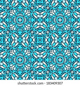 Abstract blue swirly ornament, vector damask seamless pattern