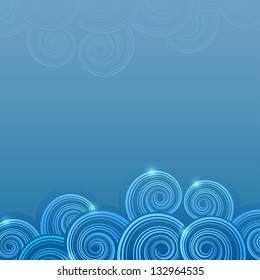 Abstract blue swirly waves vector background with copy space.