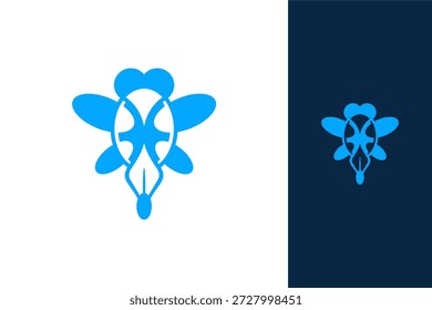 Abeja simétrica azul Abstractas o elemento de Diseño gráfico similar a un insecto presentado sobre fondos blancos y oscuros contrastantes, que ilustra un emblema moderno o un concepto de logotipo de marca