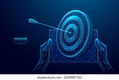 Abstract blue target with bow arrow in bullseye on tablet screen. Businessman holding a tablet with hologram of arche target. Close-up digital hands with mobile device. Low poly vector. SEO or mission