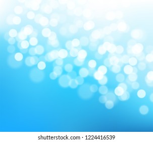 Abstract  blue, teal, white background with bokeh effect. Blurred winter xmas backdrop with place for text. Vector illustration for your graphic design, banner, poster.