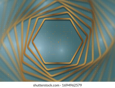Fondo geométrico tecnológico azul abstracto con hexágonos dorados. Diseño de vectores