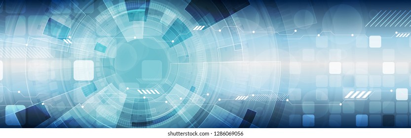 Abstract Blue Tech Industrial Web Header Banner. Vector Geometric Background Design With HUD Gear, Circuit Board And Squares. Futuristic Illustration