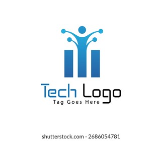 Abstract blue tech logo with human figure and bars isolated on white background featuring digital network, corporate identity, innovation concept, modern design, and growth symbol.