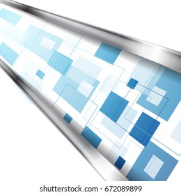 Abstrakte blaue Tech-Quadrate mit silbernem Streifen-Hintergrund. Geometrisches korporatives Vektordesign