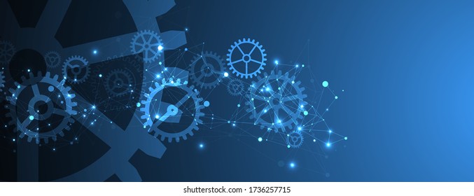Abstract blue technological background  with cogwheels and plexus effect. Vector