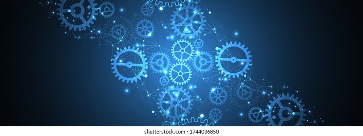 Abstract blue technological background with cogwheels and plexus effect. Vector
