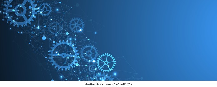 Abstract blue technological background with cogwheels and plexus effect. Vector