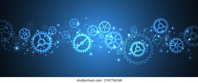 Abstract blue technological background with cogwheels and plexus effect. Vector