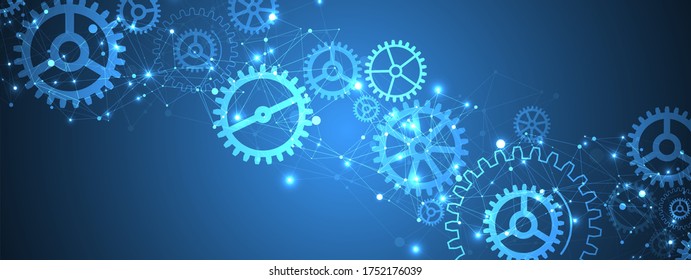 Abstract blue technological background with cogwheels and plexus effect. Vector