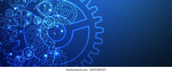 Abstract blue technological background  with cogwheels and plexus effect. Vector