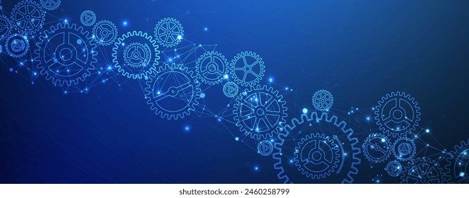 Abstract blue technological background  with cogwheels and plexus effect. Vector