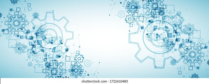 Abstract blue technological background. Structure square pattern with cogwheels and plexus effect. Vector