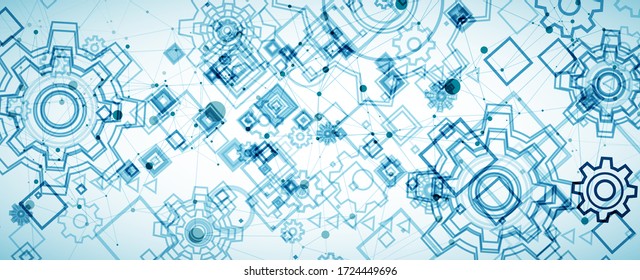 Abstract blue technological background. Structure square pattern with cogwheels and plexus effect. Vector
