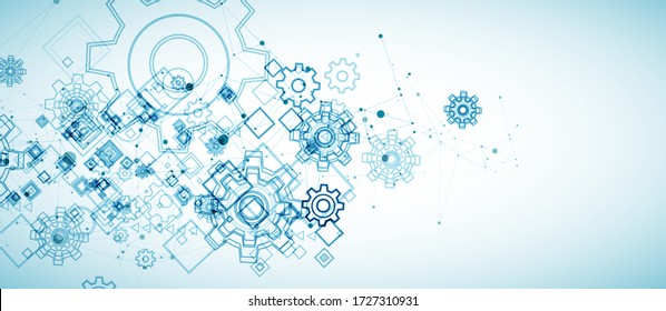 Abstract blue technological background. Structure square pattern with cogwheels and plexus effect. Vector