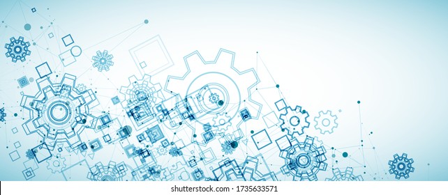 Abstract blue technological background. Structure square pattern with cogwheels and plexus effect. Vector