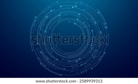 Abstract blue technology background. Circle circuit wires. AI concept. Big data flow elements. Tech bg. AI chip or semiconductor backdrop. Futuristic motherboard. Vector illustration.