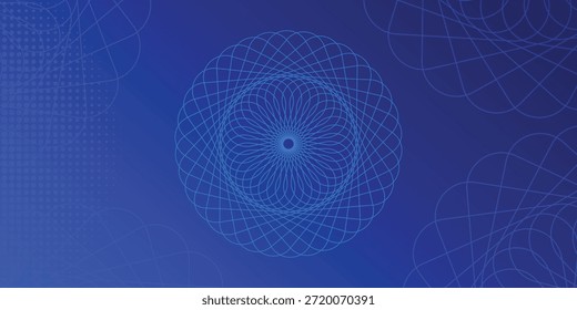 Abstrakter Hintergrund aus blauer Technologie mit türkisen geometrischen Mandala-Mustern und kreisförmigen Blumenlinien, mit einer modernen futuristischen Ästhetik für Unternehmensbanner und digitales Poster