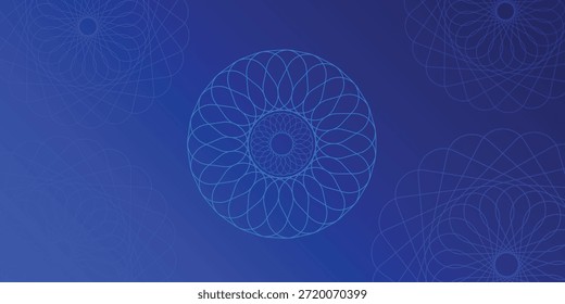 Abstract blue technology background with cyan geometric mandala patterns and circular flower line art, featuring a modern futuristic aesthetic for corporate banners and digital posters.