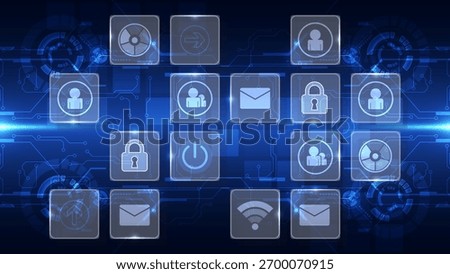 Abstract blue technology background featuring various glowing digital icons like user profiles, locks, power, and Wi-Fi on a circuit board pattern. data security, and communication concepts.