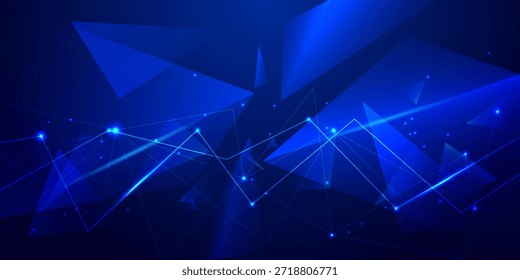 Abstract blue technology background with geometric triangles and glowing light particles for digital connectivity network, cyber security theme, and futuristic data science presentation design