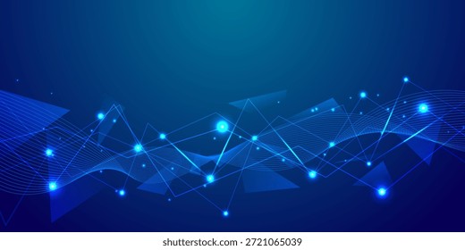 Abstract blue technology background with geometric triangles and glowing light particles for digital connectivity network, cyber security theme, and futuristic data science presentation design