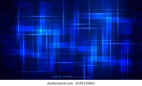 arrière-plan technologie bleu Abstrait avec lignes lumineuses, formes rectangulaires transparentes et éléments petites en pointillés. Illustration vectorielle