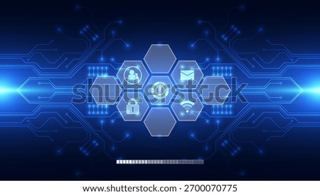 Abstract blue technology background with glowing hexagon interface tiles containing icons like power, lock, placed on digital circuits with a loading bar. Ideal for system startup and cyber themes.