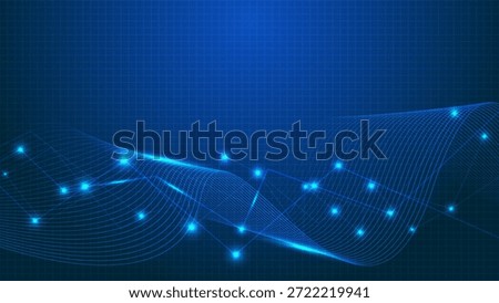 Abstract blue technology background with glowing digital wave lines, connecting network dots, and grid pattern for cyber security concept, big data infrastructure, and futuristic presentation design