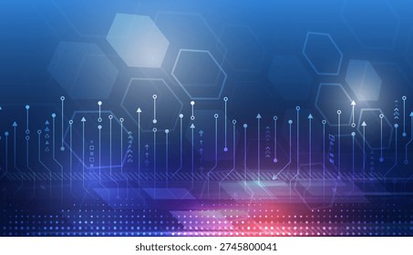 Abstract blue technology background with hexagonal patterns, glowing arrows, and vertical data lines, symbolizing digital growth, analytics, connectivity, and futuristic innovation.