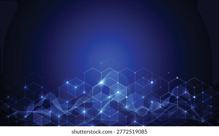 Abstract blue technology background with hexagonal grid and glowing digital wave particles.