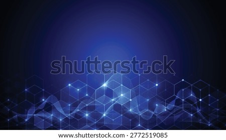 Abstract blue technology background with hexagonal grid and glowing digital wave particles.