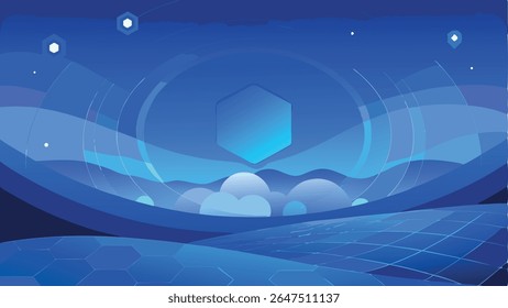 Fondo de tecnología azul Abstractas con hexágonos y rejilla digital. Perfecto para conceptos futuristas, redes, datos, blockchain e IA.