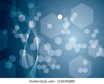 Abstract blue technology background with lines, arrows, hexagons. Concept of futuristic design of technology, science, medicine and chemistry in vector illustration.