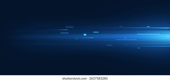 Abstract blue technology background with speed glowing lines horizontal