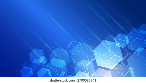 Fondo de tecnología azul Abstractas con hexágonos transparentes y rayas de luz diagonales. Diseño digital moderno perfecto para presentaciones, innovación o conceptos tecnológicos.