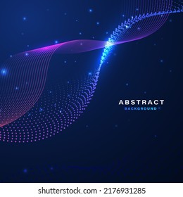 Abstract blue technology background with wavy particles. 