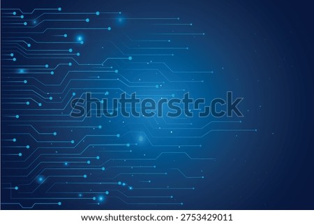Abstract blue technology circuit background graphic, digital data network concept with glowing nodes and interconnected electronic lines