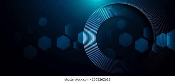 Abstract blue technology digital dynamic circle with hexagon line on dark background. Vector illustration