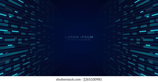 Abstract blue technology geometric pattern on dark blue background. Perspective lines graphic design. Modern futuristic geometric shapes moving with copy space for text. Vector illustration