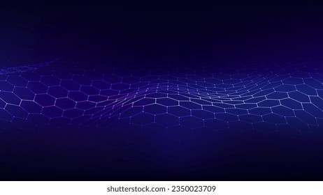 Abstract blue technology hexagon wave. Flow of particles and lines. Big data transfer visualization. Vector illustration.