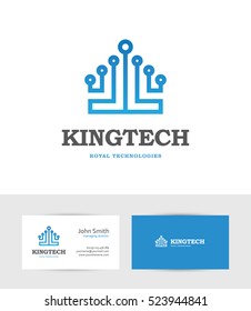 Abstraktes Logo für blaue Technologie, das wie eine Königskrone aussieht. Kann für Computer-, Daten-, Digital- oder High-Tech-Geschäftskonzepte verwendet werden