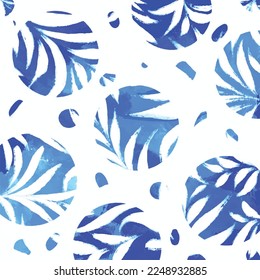 Abstract blue textured grunge circle blob isolated on white background with white leaves decorations