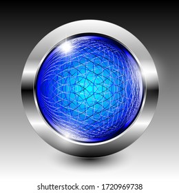 Abstract blue textured wireframe round background with a shiny silver frame. Vector illustration