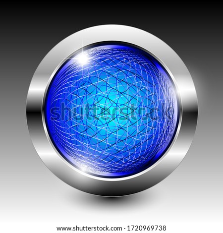 Abstract blue textured wireframe round background with a shiny silver frame. Vector illustration