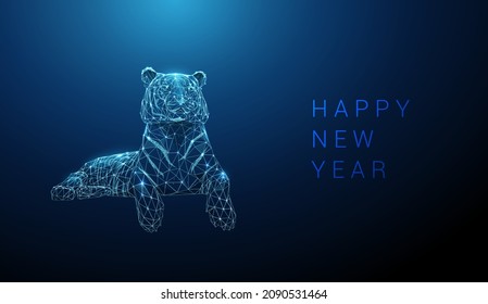 Abstract blue tiger. 2022 new year card. Year of tiger. Low poly style design. Geometric background. Wireframe light connection structure. Modern 3d graphic concept. Vector illustration