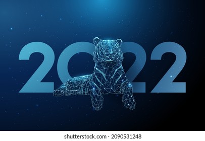 Abstract blue tiger with number 2022. New year card. Year of tiger. Low poly style design. Geometric background. Wireframe light connection structure. Modern 3d graphic concept. Vector illustration