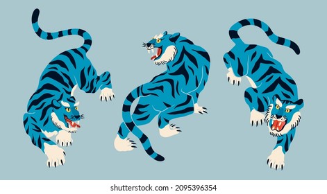 Abstract blue Tiger. Tiger walk. Japanese or Chinese oriental style. Hand drawn colored Vector illustration. Print, logo, poster template, tattoo idea. Symbol of 2022 new year